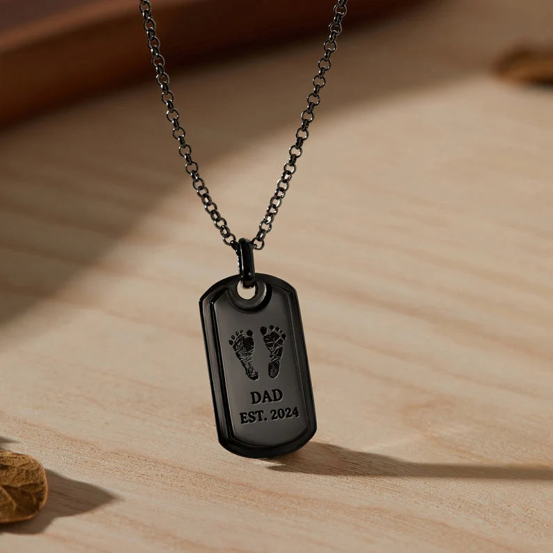 Black rhodium personalized dad dog tag necklace with baby footprint engraving | Mrs Gift
