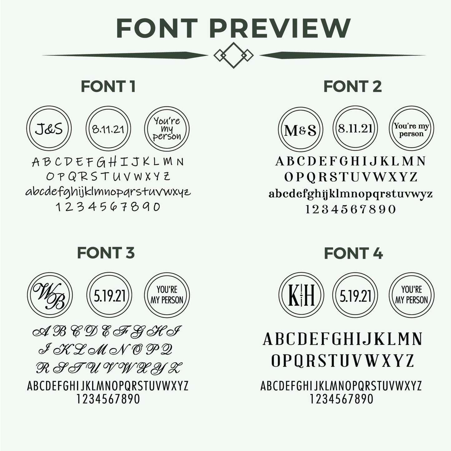 Font style chart for custom engraved cufflinks | Mrs Gift