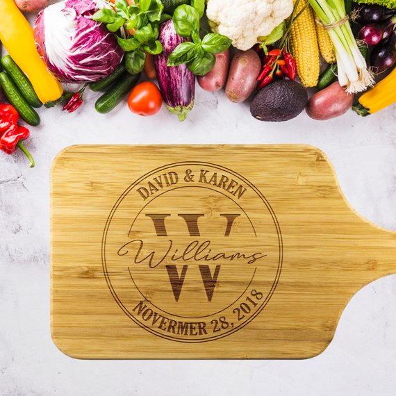 Anniversary bamboo cutting board with custom family name | Mrs Gift