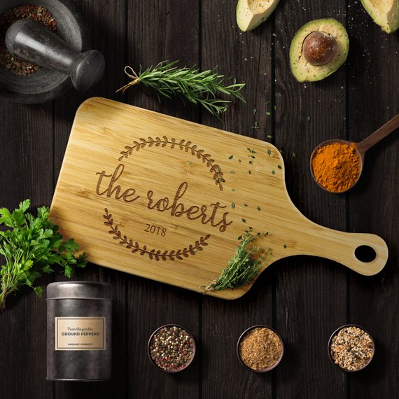Custom engraved bamboo cutting board wedding gift with herbs and spices | Mrs Gift