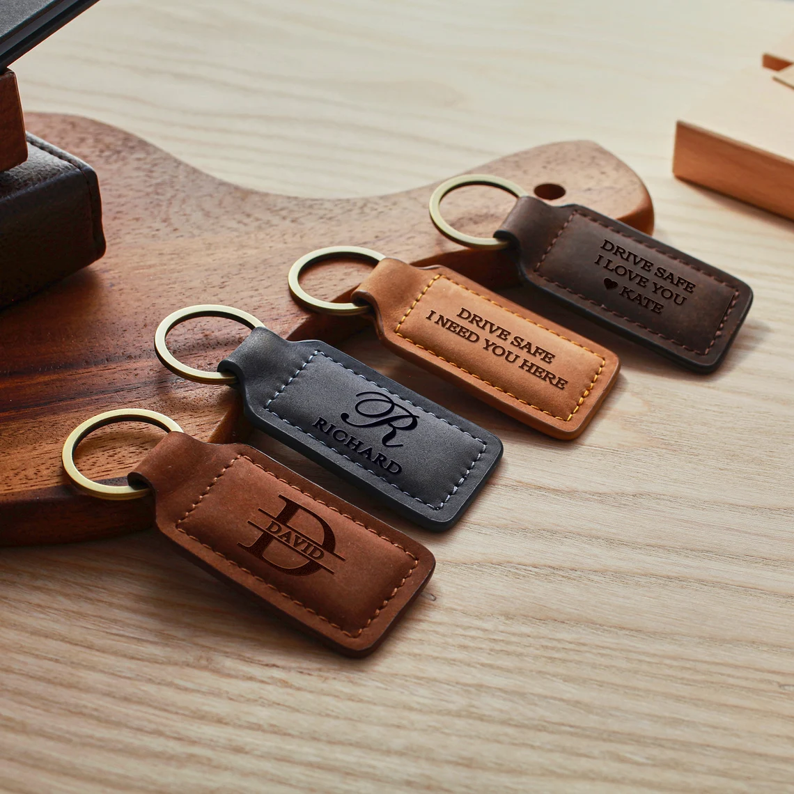 Custom leather keychains with engraved messages like “Drive Safe” – perfect gift for boyfriend, dad, or husband | Mrs Gift