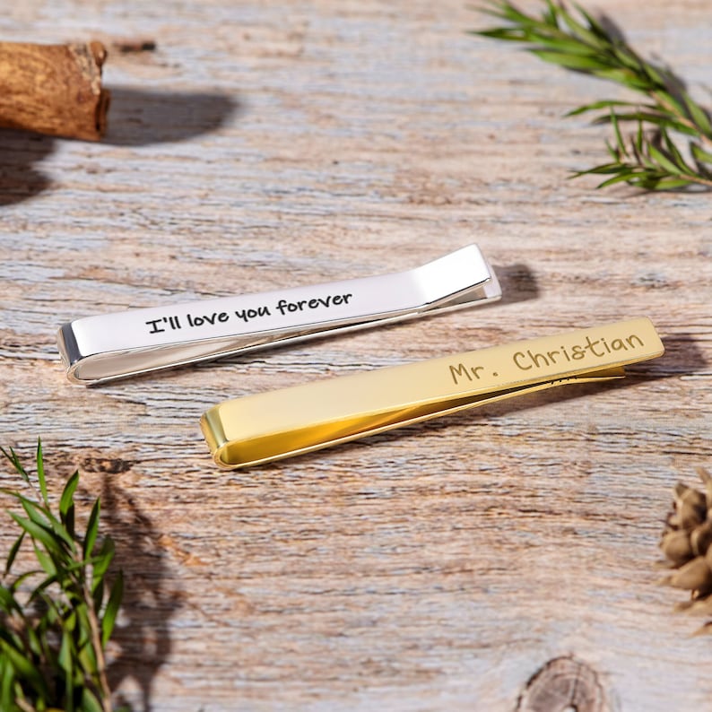 Engraved gold and silver tie clips with personal messages | Mrs Gift