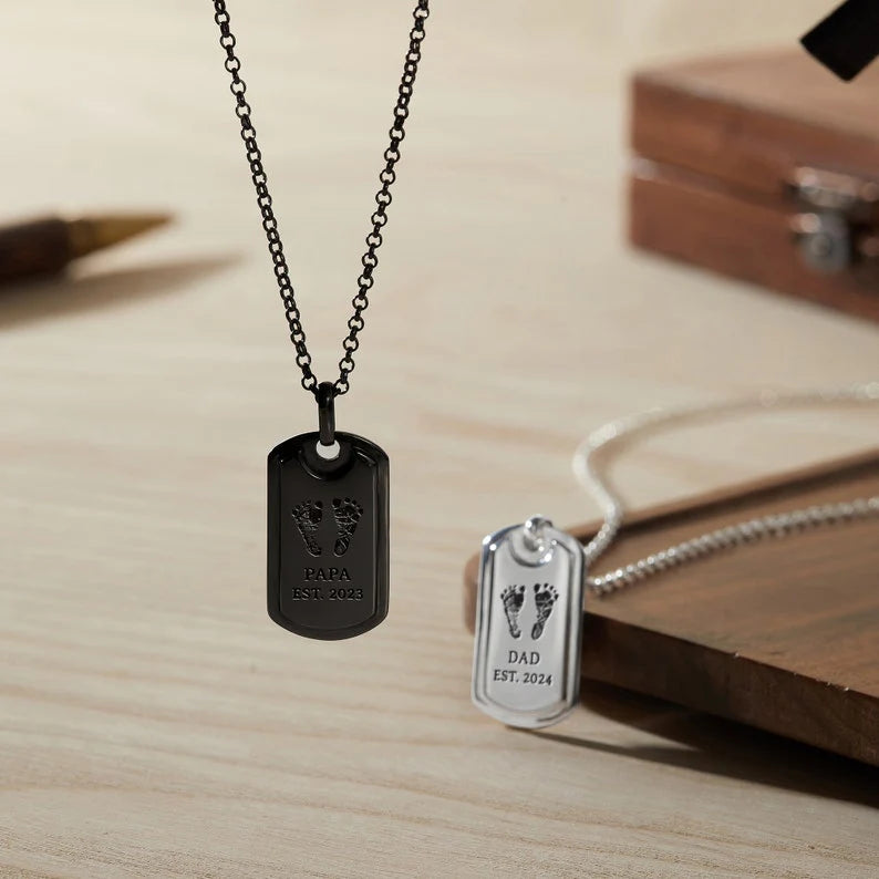 Personalized dad necklace with baby footprint in black and silver dog tag styles | Mrs Gift