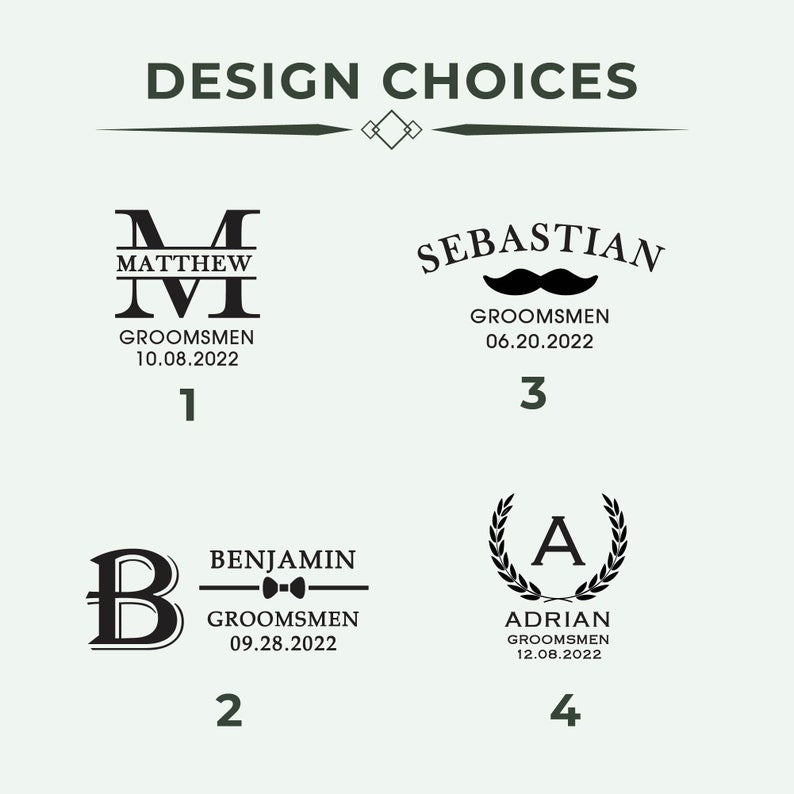 Monogram and name engraving design choices for leather dopp kit | Mrs Gift