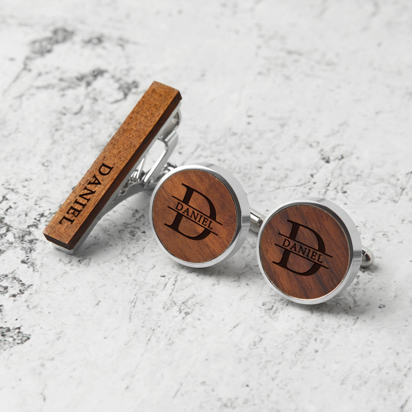 Engraved wood cufflink and tie clip set with name Daniel | Mrs Gift