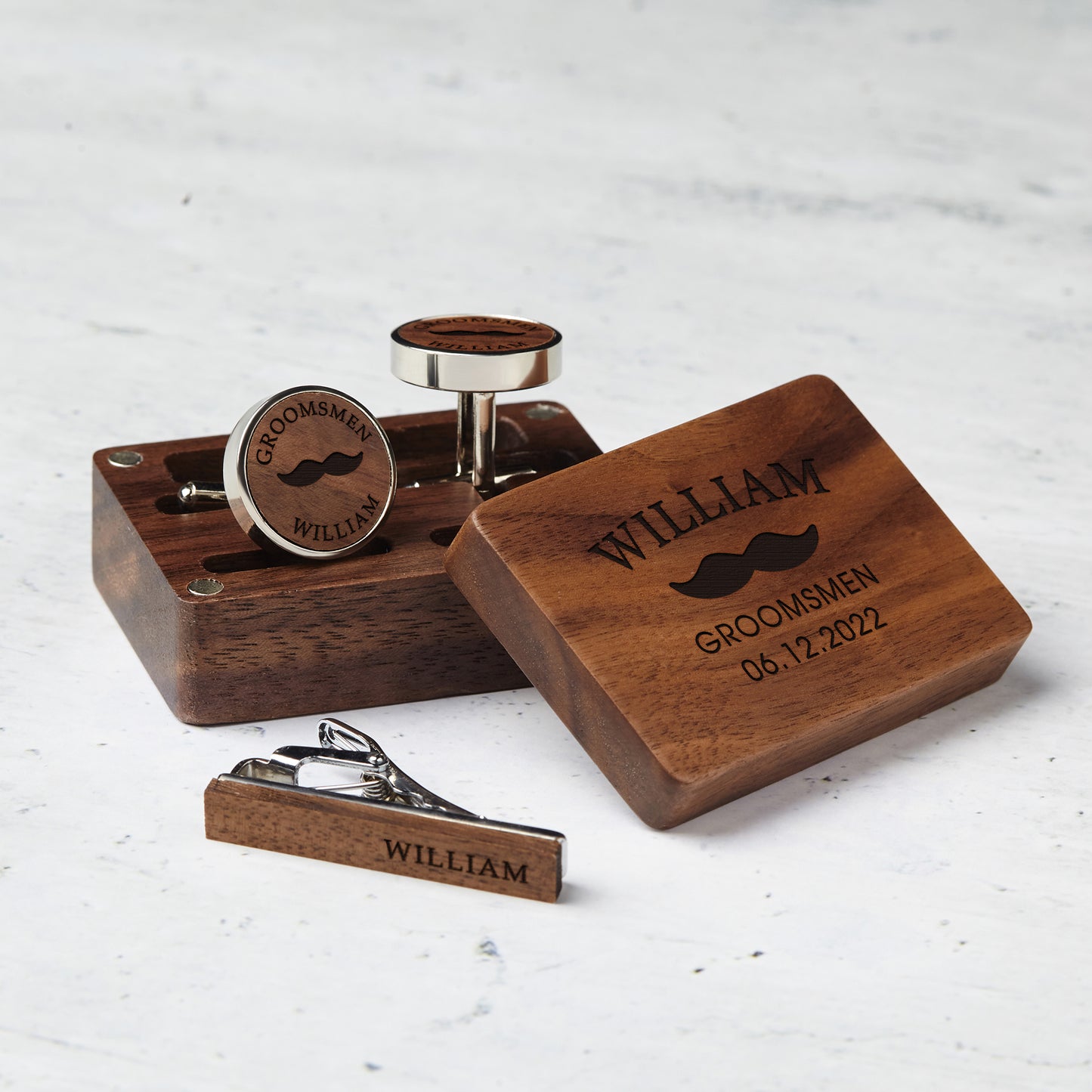 Engraved groomsmen cufflink and tie clip set with mustache box design | Mrs Gift