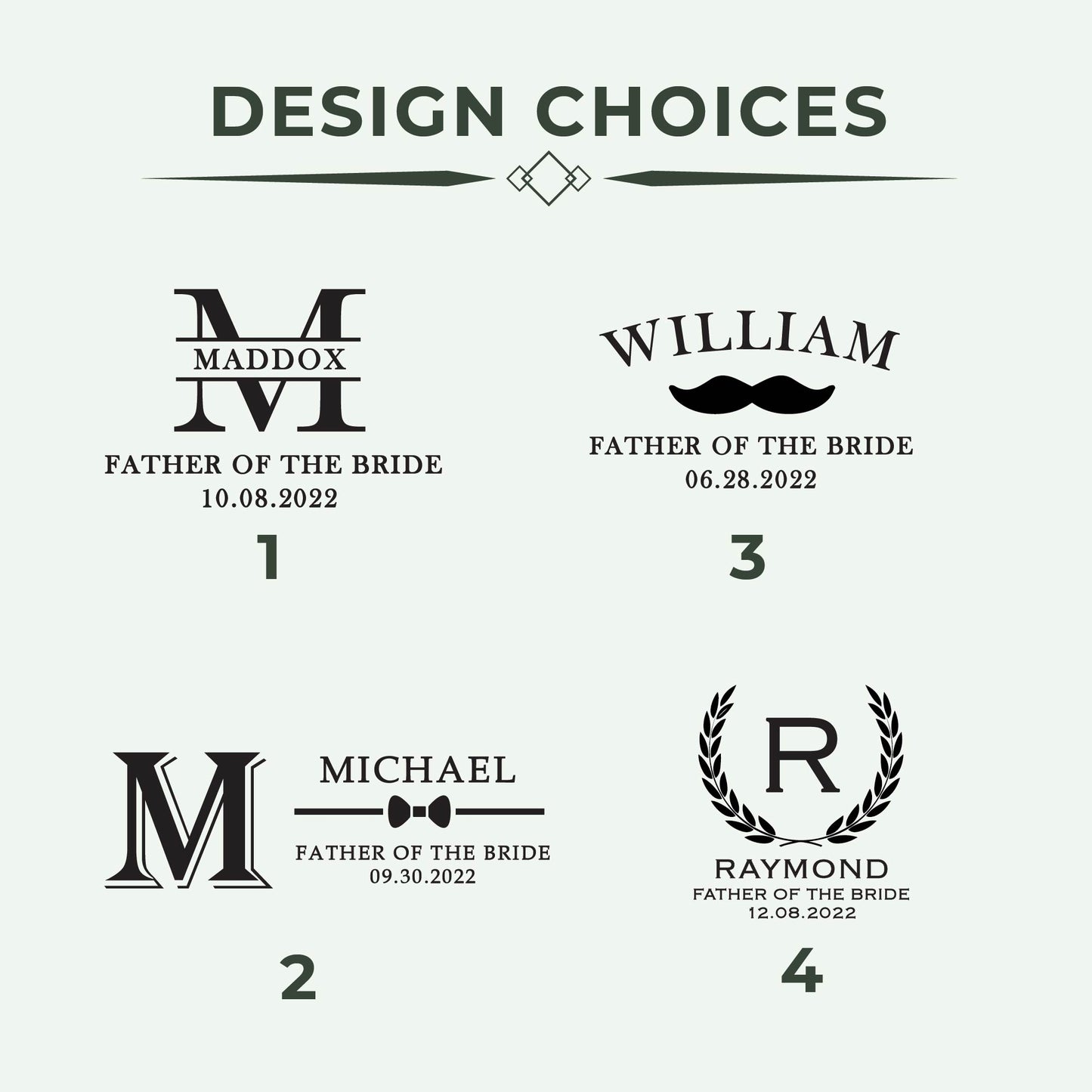 Groomsmen monogram design style choices for cufflink and tie clip gift set | Mrs Gift