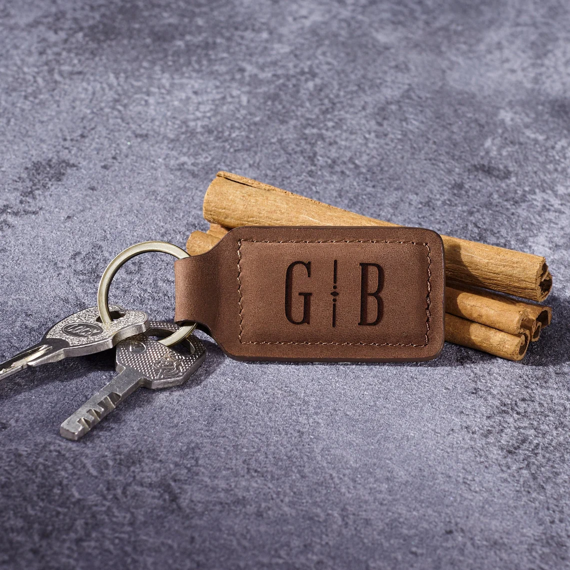 Personalized leather keychain with initials GB in dark brown – engraved keyring for men | Mrs Gift