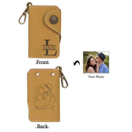 Mrs Gift personalized leather key wallet in tan with custom monogram and photo engraving, perfect gift for boyfriend or husband
