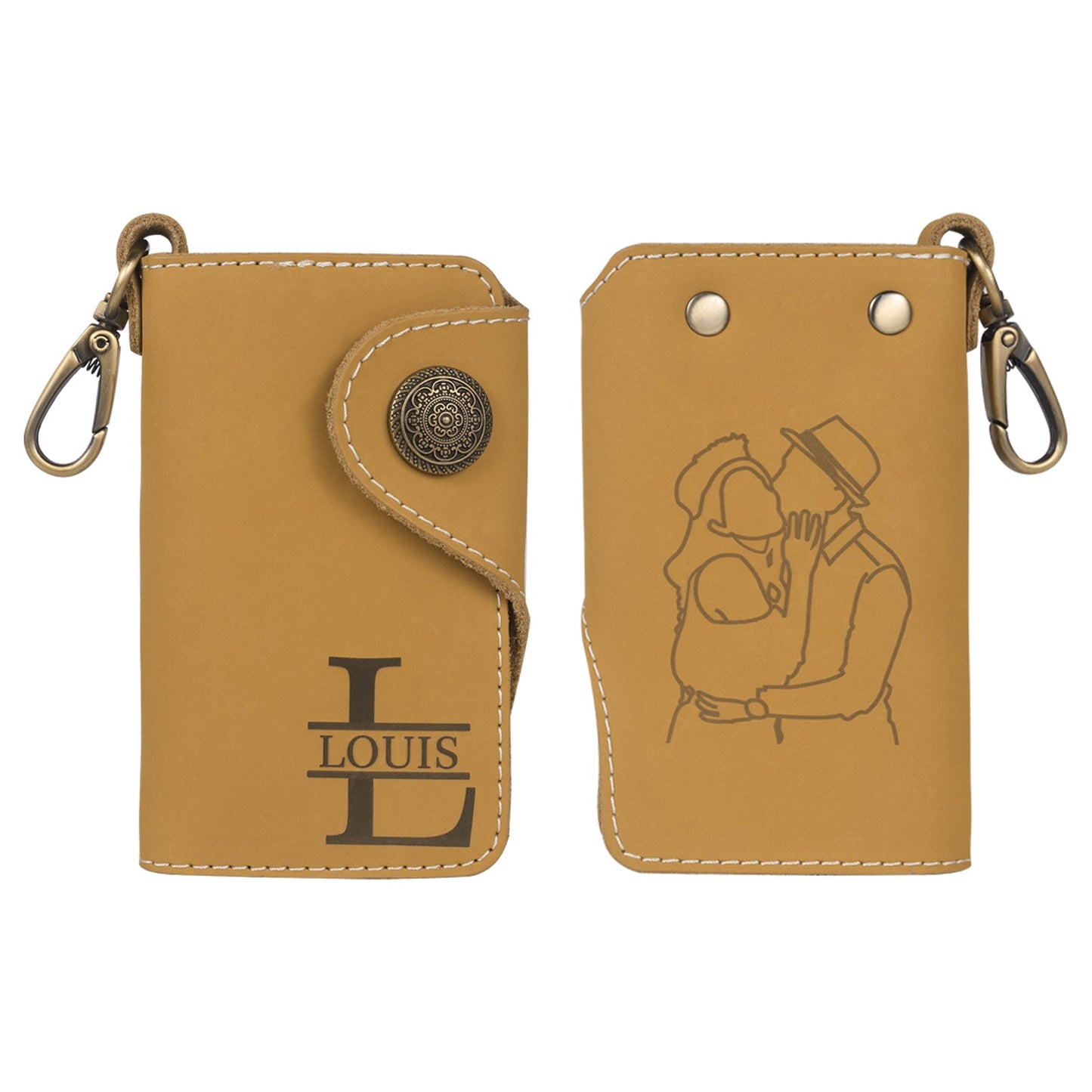 Mrs Gift personalized leather key wallet in tan showing front monogram and back couple engraving, custom anniversary gift with dual personalization options