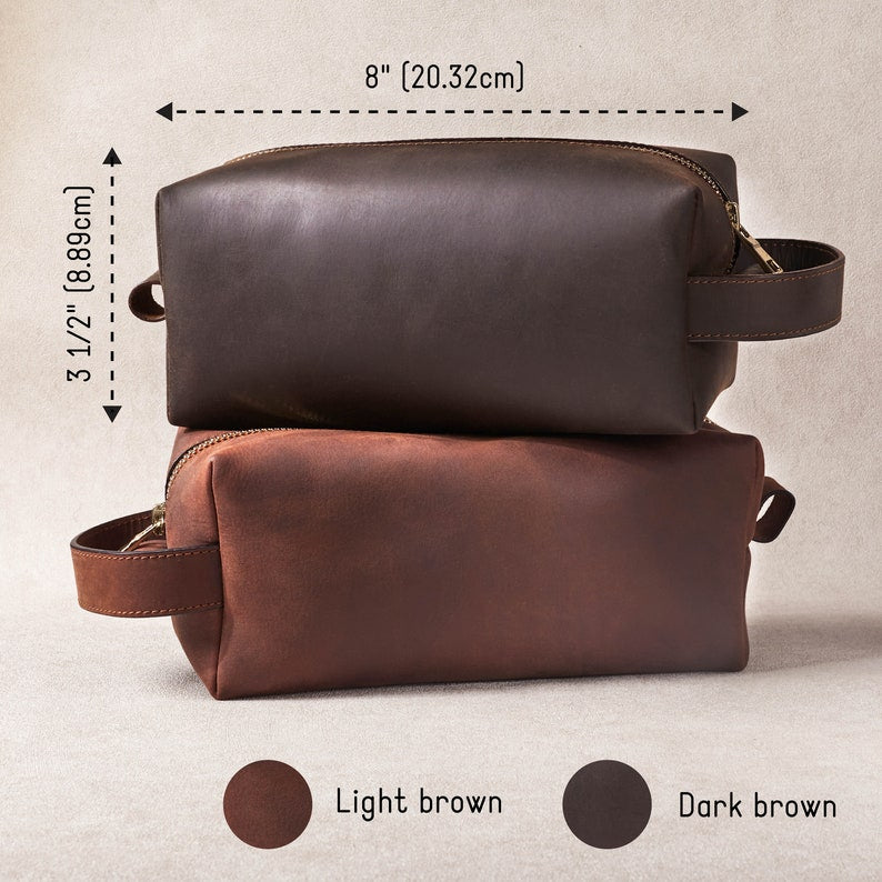 Size comparison of classic brown and dark coffee personalized dopp kits | Mrs Gift