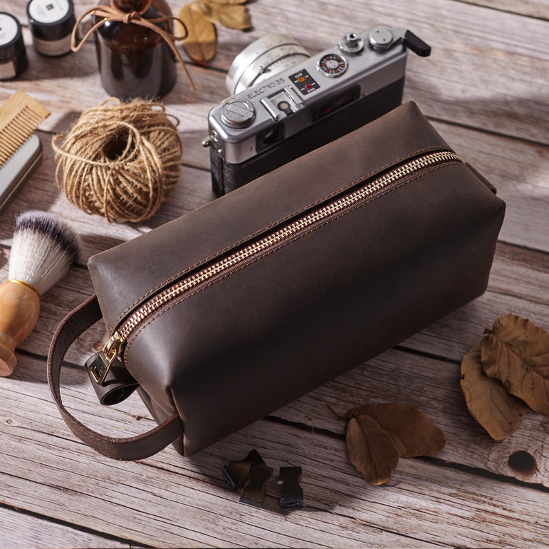 Custom dark brown leather toiletry bag engraved with name for groomsmen | Mrs Gift