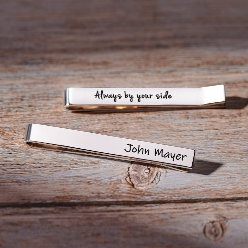Sterling silver tie clip engraved with name and message | Mrs Gift