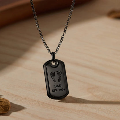 Black rhodium personalized dad dog tag necklace with baby footprint engraving | Mrs Gift