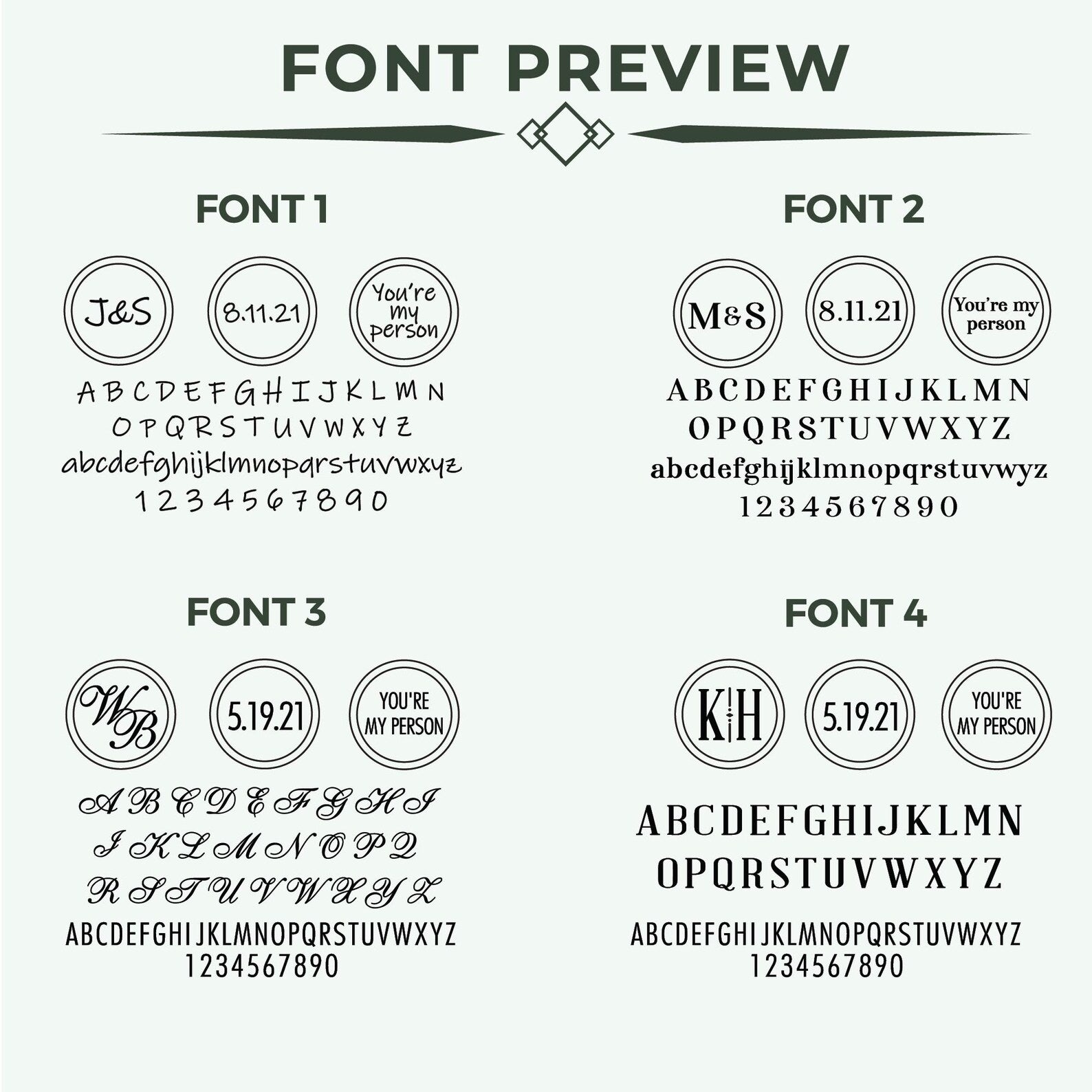 Font style chart for custom engraved cufflinks | Mrs Gift