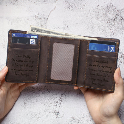 Engraved leather wallet with heartfelt custom messages – perfect for Father’s Day, anniversaries, or birthdays | Mrs Gift