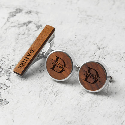Engraved wood cufflink and tie clip set with name Daniel | Mrs Gift
