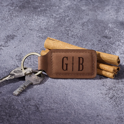 Personalized leather keychain with initials GB in dark brown – engraved keyring for men | Mrs Gift