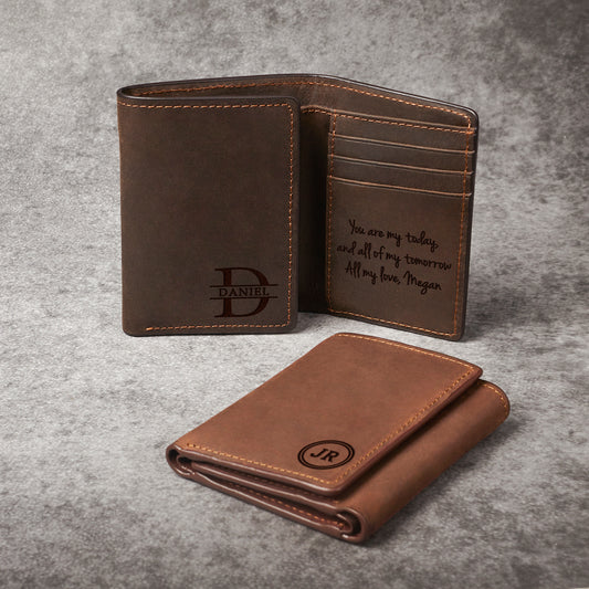 Custom trifold leather wallet with engraved monogram and love message – meaningful gift for men | Mrs Gift