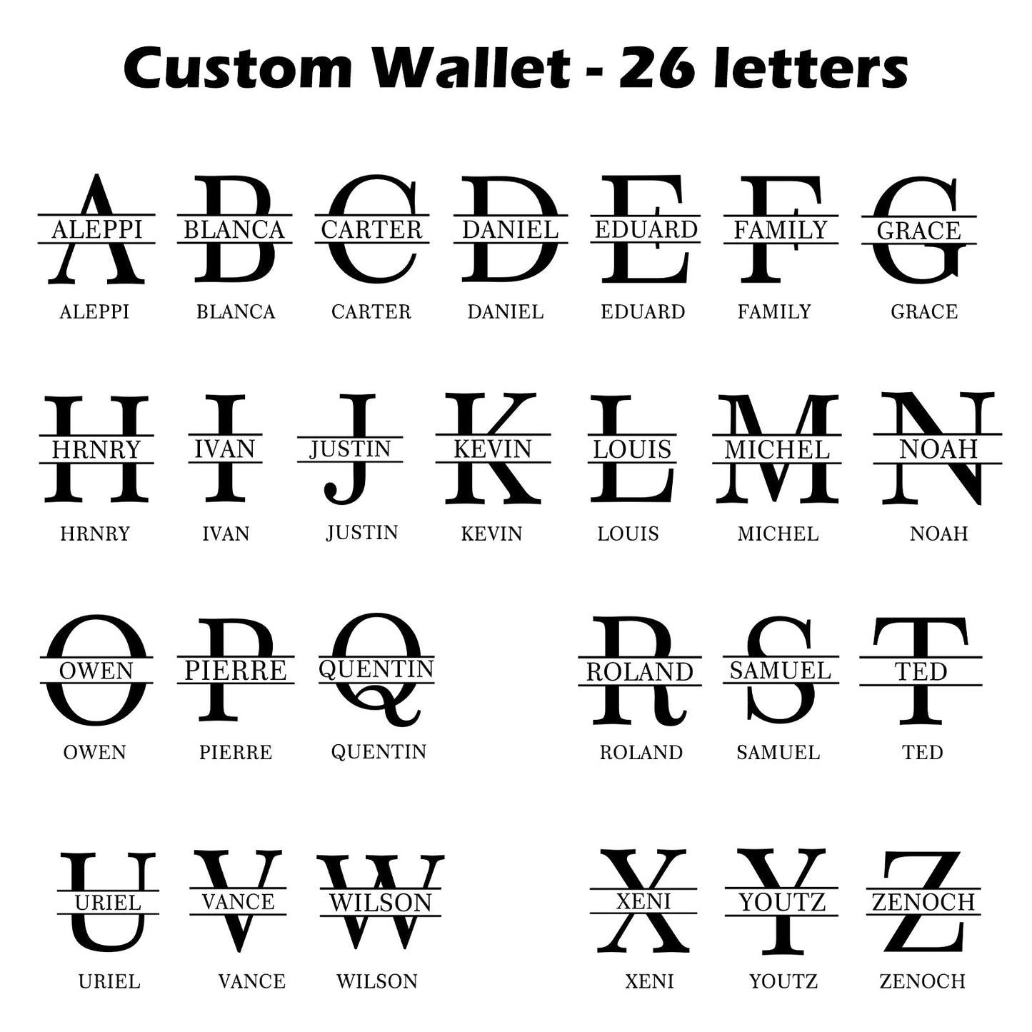 Mrs Gift's 26 elegant letter designs for custom leather key wallet personalization, monogram options for personalized gifts
