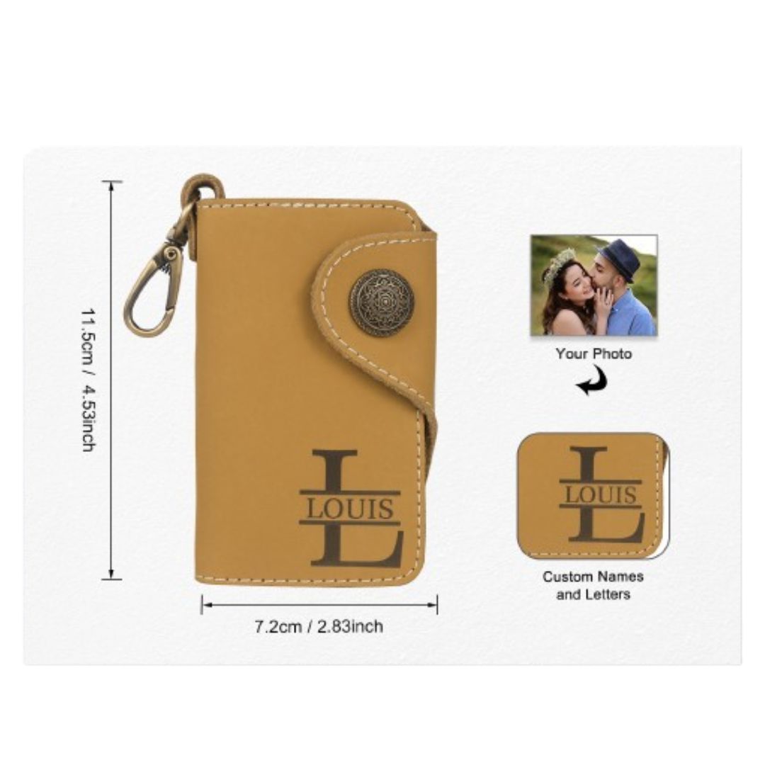 Mrs Gift leather photo key wallet dimensions showing compact 11.5cm x 7.2cm size with personalization options