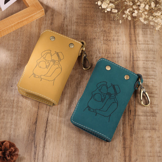 Mrs Gift personalized photo key wallets in tan and teal blue leather with custom couple engraving, anniversary gift options