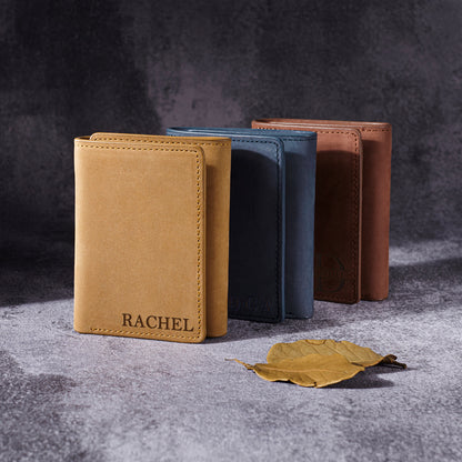 Personalized genuine leather trifold wallets with name or initials in sand, navy, and brown – custom gift for him | Mrs Gift