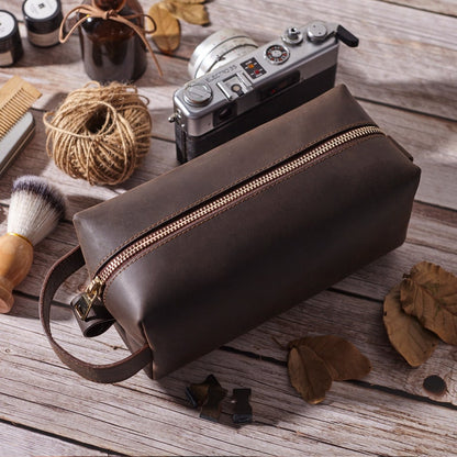 Custom dark brown leather toiletry bag engraved with name for groomsmen | Mrs Gift