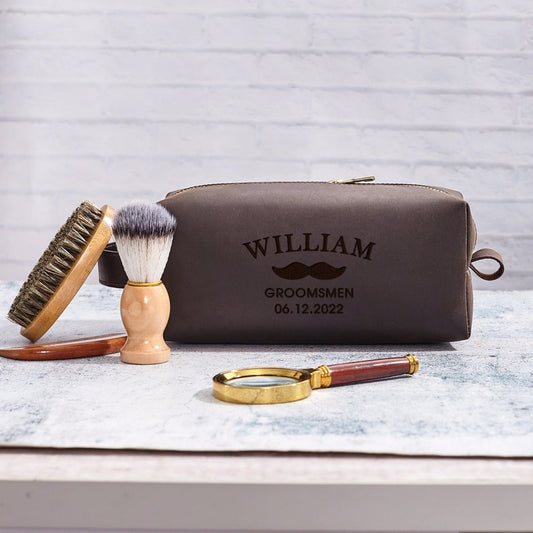 Personalized leather dopp kit styled with vintage camera and grooming tools | Mrs Gift