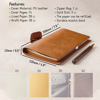 PU leather personalized notebook with refillable pages, card slots, zipper bag, and size dimensions | Mrs Gift